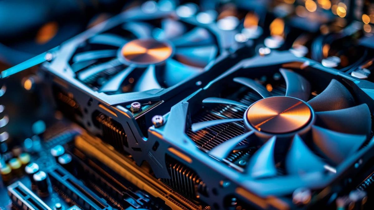 Carte graphique GPU avec ventilateurs de refroidissement installée dans un boîtier d'ordinateur